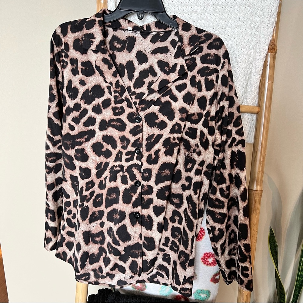 Brown cheetah button down blouse